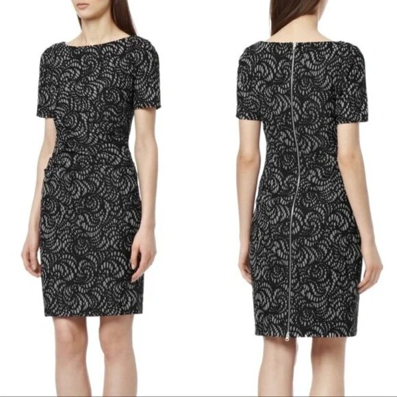 Reiss Janella Ruched Dress Size 4 Black Bonded Lace Career Event Wedding Guest - Picture 1 of 10